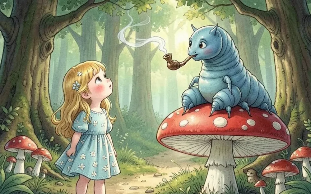 Alice looking up at the Caterpillar, who sits on top of a giant mushroom in the wood