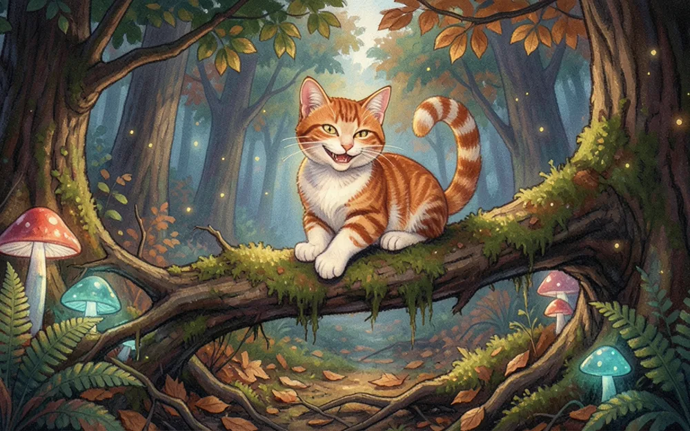 The Cheshire Cat, grinning widely, sitting on a tree branch in the forest