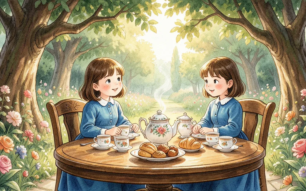 A tea party table set with teapots, cups and pastries in a garden, from Alice’s Adventures in Wonderland