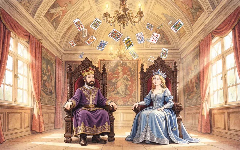 Playing cards fluttering through the air in the royal courtroom at the trial of the Knave of Hearts