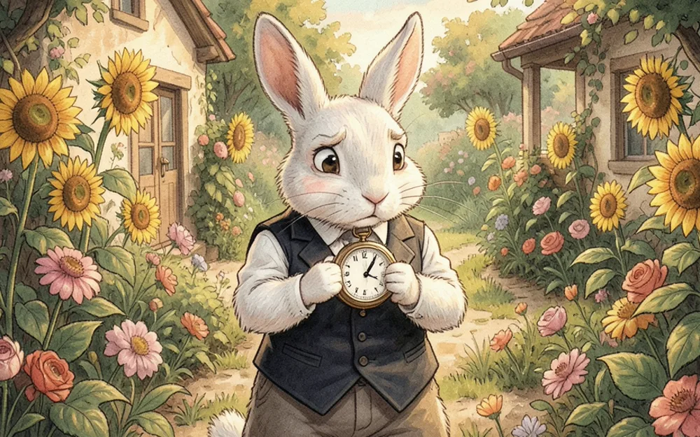 The White Rabbit in his waistcoat, anxiously checking his pocket watch in a cottage garden