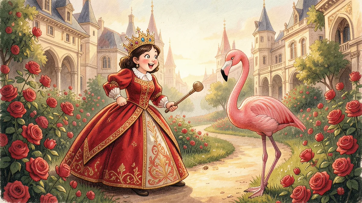 The Queen of Hearts playing croquet with a flamingo for a mallet, among the red roses of the palace garden