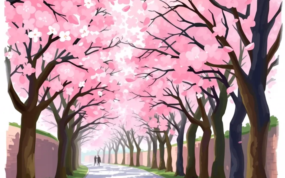 A lane arched over with pink apple blossom trees, petals drifting