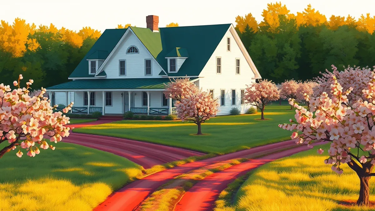 A white farmhouse with green gables beside a red dirt road and apple trees in blossom