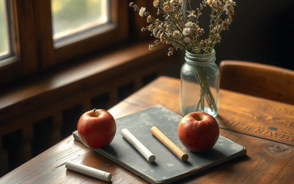 A slate with chalk sticks, two red apples and wildflowers in a jar on a wooden desk
