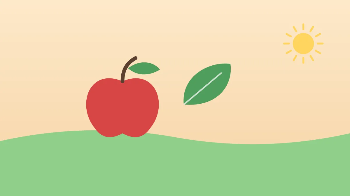 Illustration of a red apple with a green leaf under a bright sun