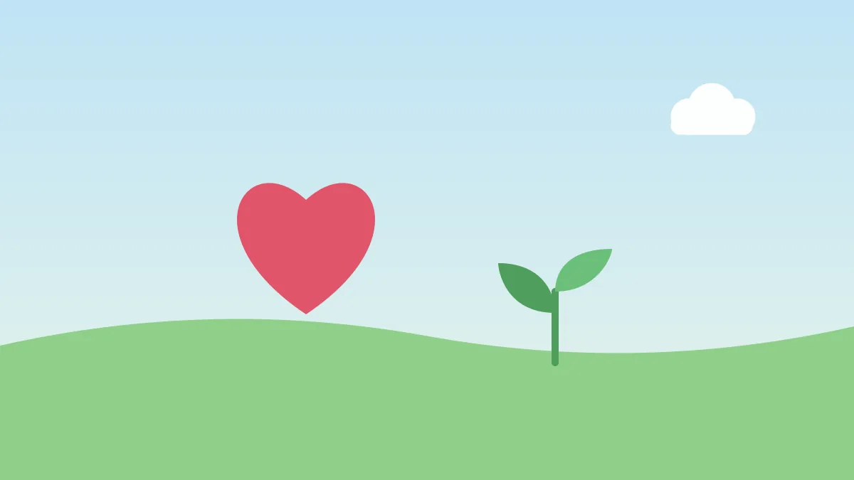 Illustration of a heart beside a young green plant under a soft blue sky