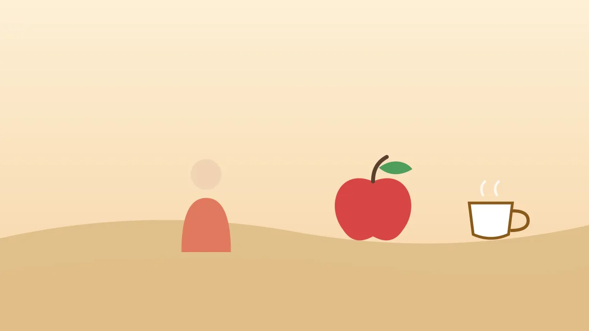 Illustration of a person with an apple and a cup of coffee on a table