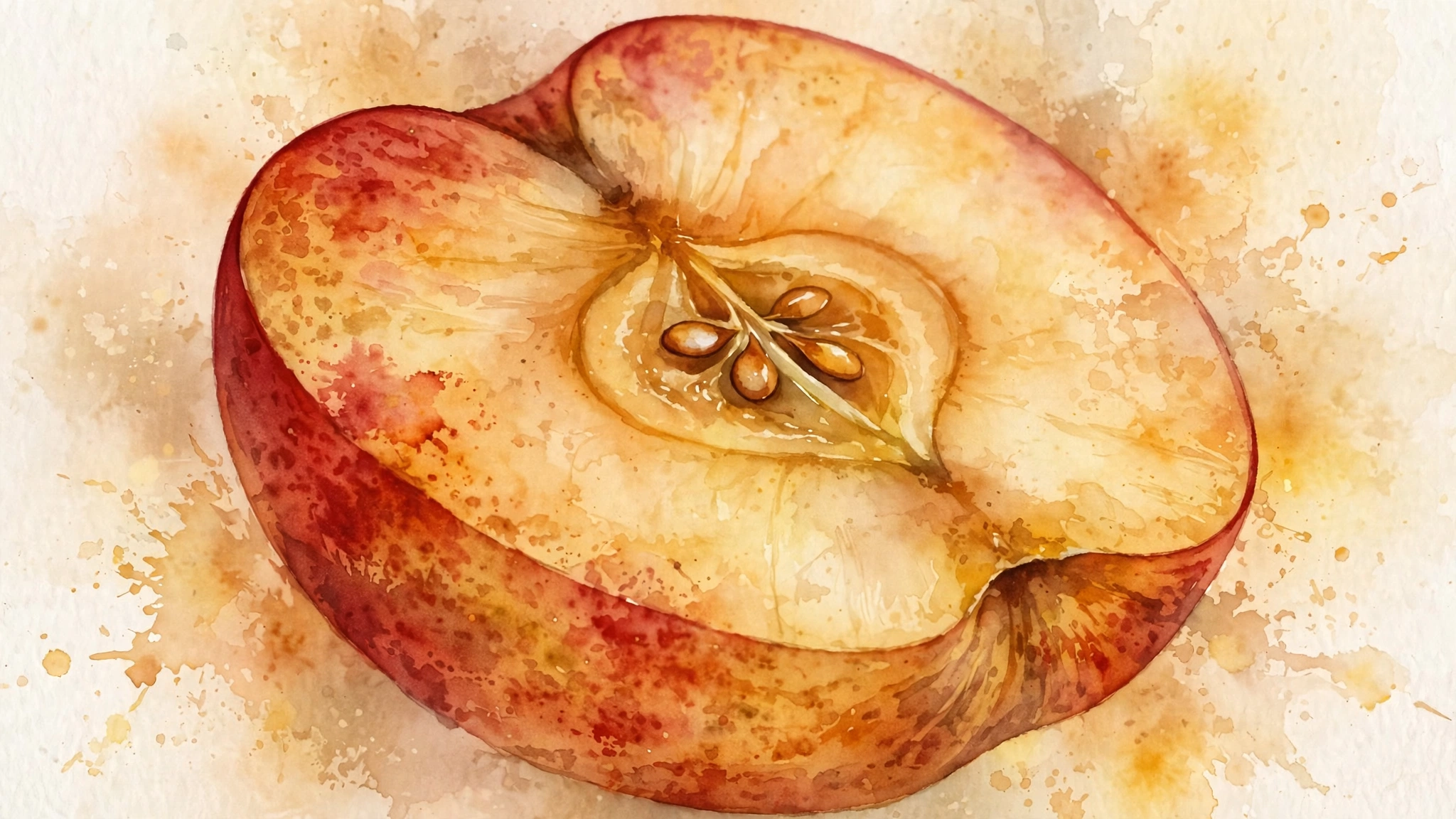 Watercolor macro of a sliced apple in warm reds and ambers