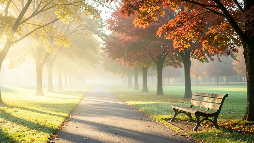 Empty park footpath in misty autumn morning light, lined with golden and red trees and a wooden bench