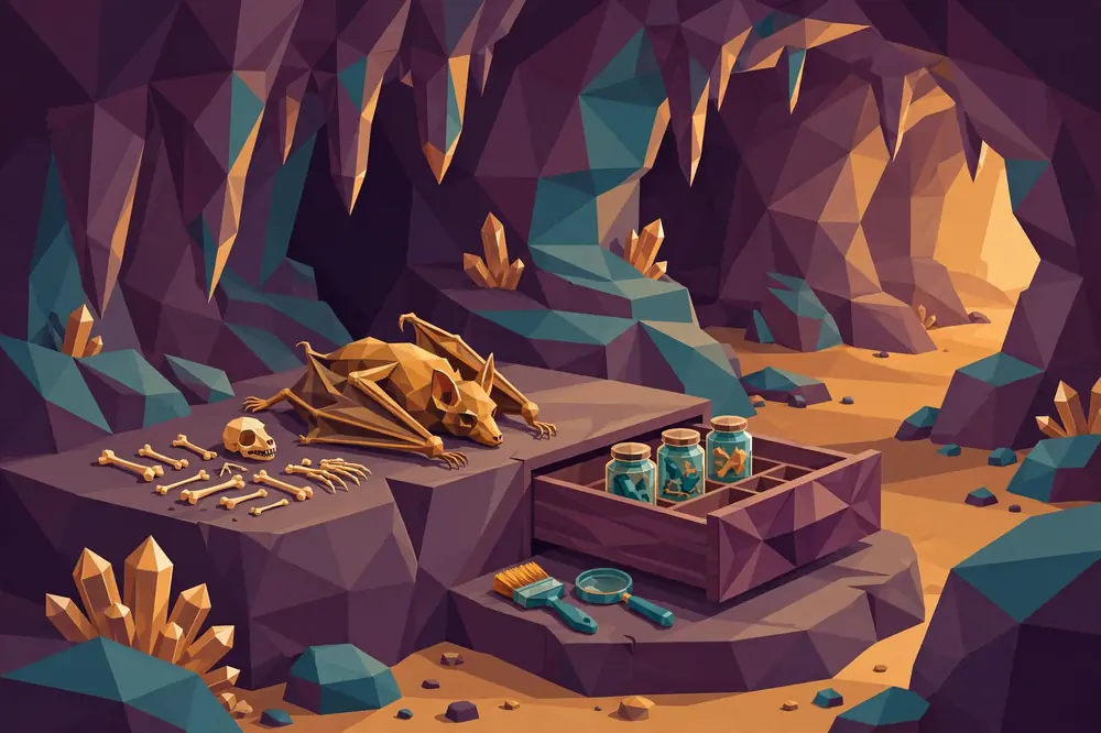 Illustration of an ancient desert cave with subfossil bat bones beside museum specimen drawers
