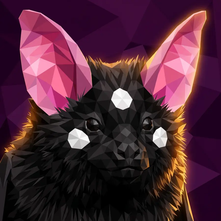 Illustration of a spotted bat with three white spots on black fur and large pink ears