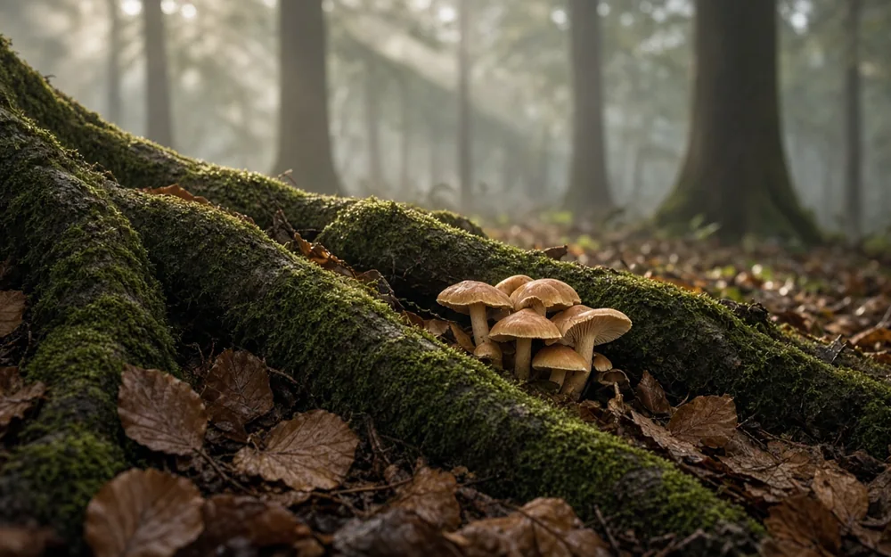 Moss-covered beech roots with clusters of small honey-coloured mushrooms among copper leaves on a misty forest floor