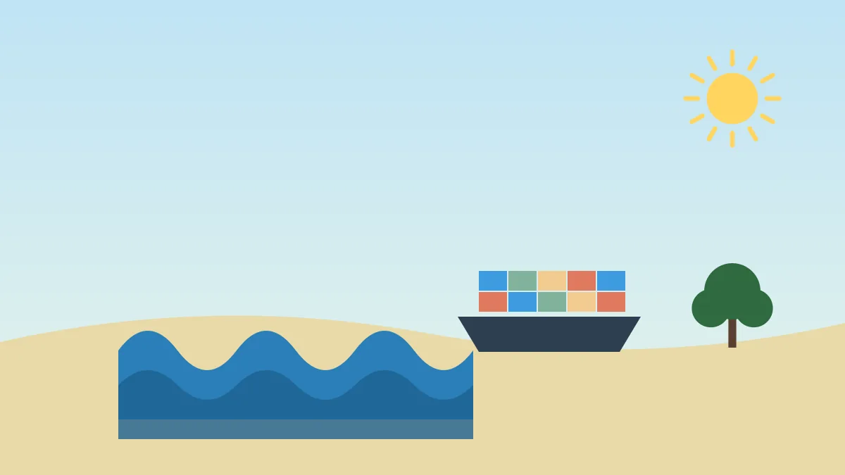 Illustration of a sailing ship on blue water beside a palm-like tree under a bright sun