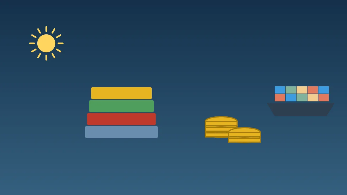 Belize After the Rebound: Can Recovery Become Long-Term Growth? Illustration of a rising bar chart, coins and a ship on a deep blue background