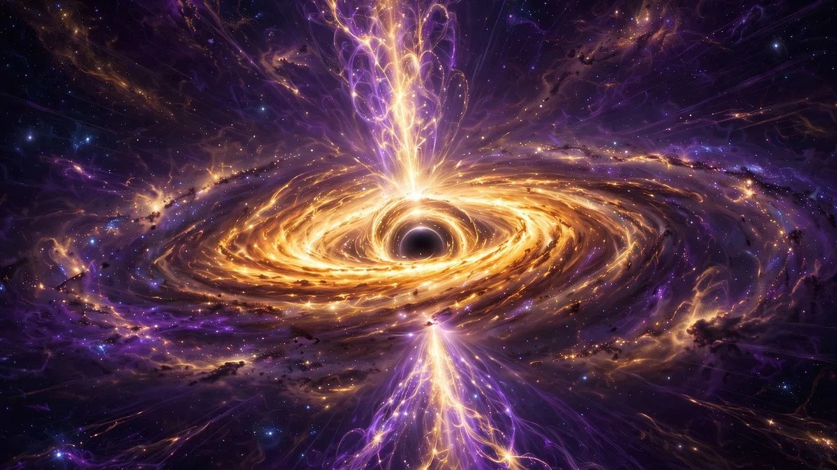 Illustration of a distant blazar with twin jets of particles streaming from its central black hole