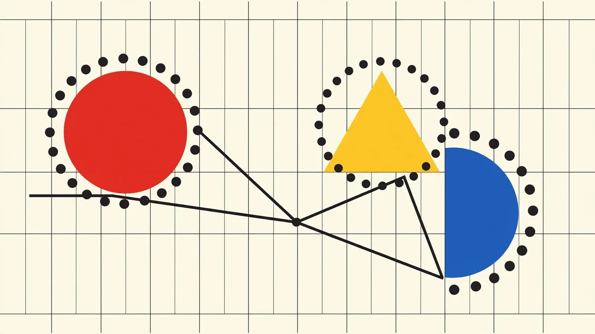 Bauhaus-style poster of a red circle, yellow triangle and blue semicircle balancing on a zigzag line