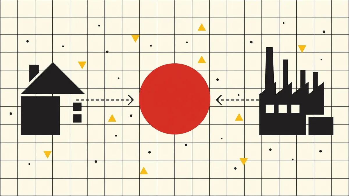Bauhaus illustration of a house and a factory linked by dashed arrows to a central red coin
