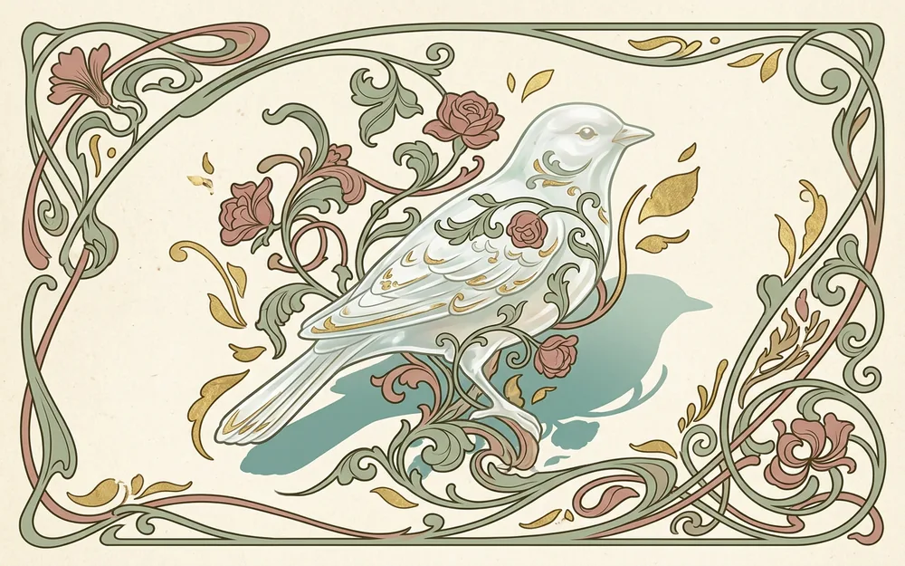 Art Nouveau illustration of a white porcelain bird framed by sage vines and dusty-rose flowers with a teal shadow