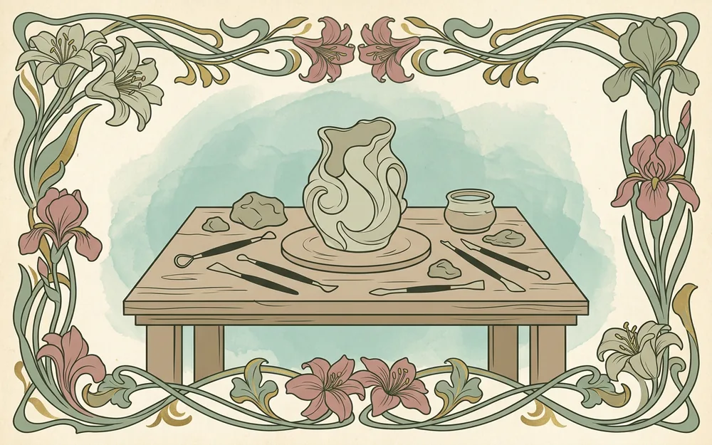 Art Nouveau illustration of a potter studio table with an unfinished porcelain vessel, tools and lily border
