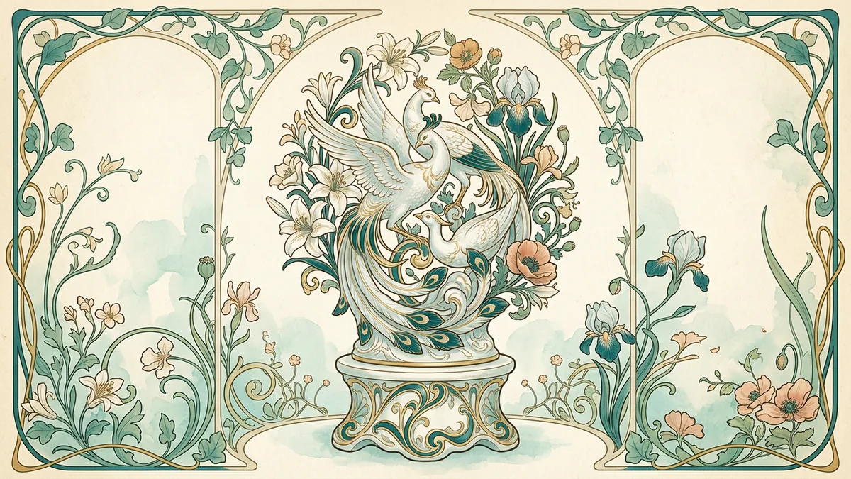 Melis Buyruk porcelain myth Art Nouveau featured Art Nouveau illustration of porcelain birds and flowers on a cream parchment pedestal with sage and dusty-rose vines
