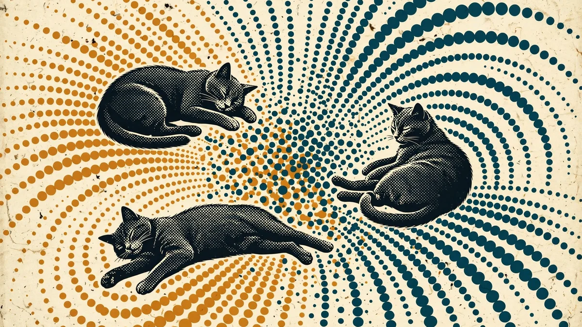 Cats and happiness pop-art illustration Pop-art halftone poster of three cat silhouettes with radiating happiness arcs behind them in amber and teal on cream