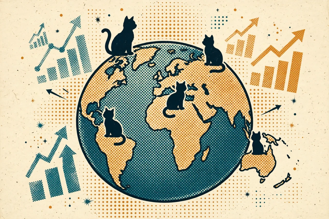 Pop-art halftone illustration of a world globe with cat silhouettes on different continents and rising arrow charts