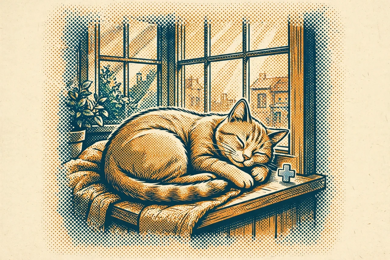 Pop-art halftone illustration of a cat asleep on a sunny indoor windowsill