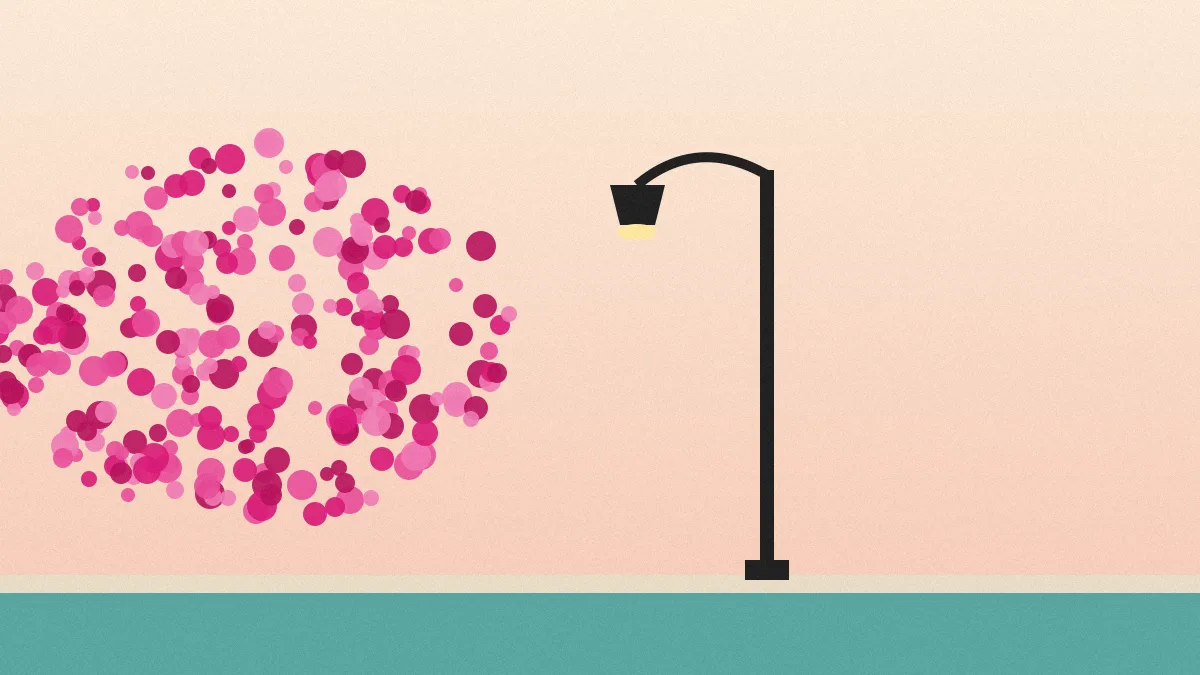 Illustration of a black boulevard lamppost beside a cloud of magenta bougainvillea flowers above a turquoise sea