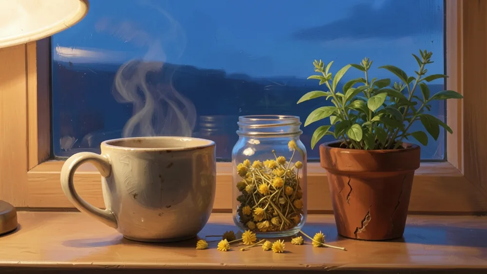 Steaming mug of chamomile tea beside a jar of dried chamomile and a potted herb on a windowsill at dusk