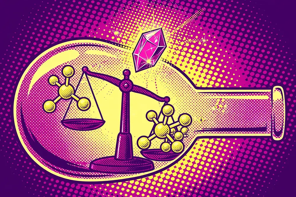 Illustration of a laboratory flask with a catalyst amplifying one of two mirror-image molecule forms