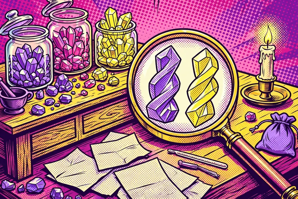 Pop-art illustration of a 19th-century chemist's desk with crystal jars and a magnifying glass
