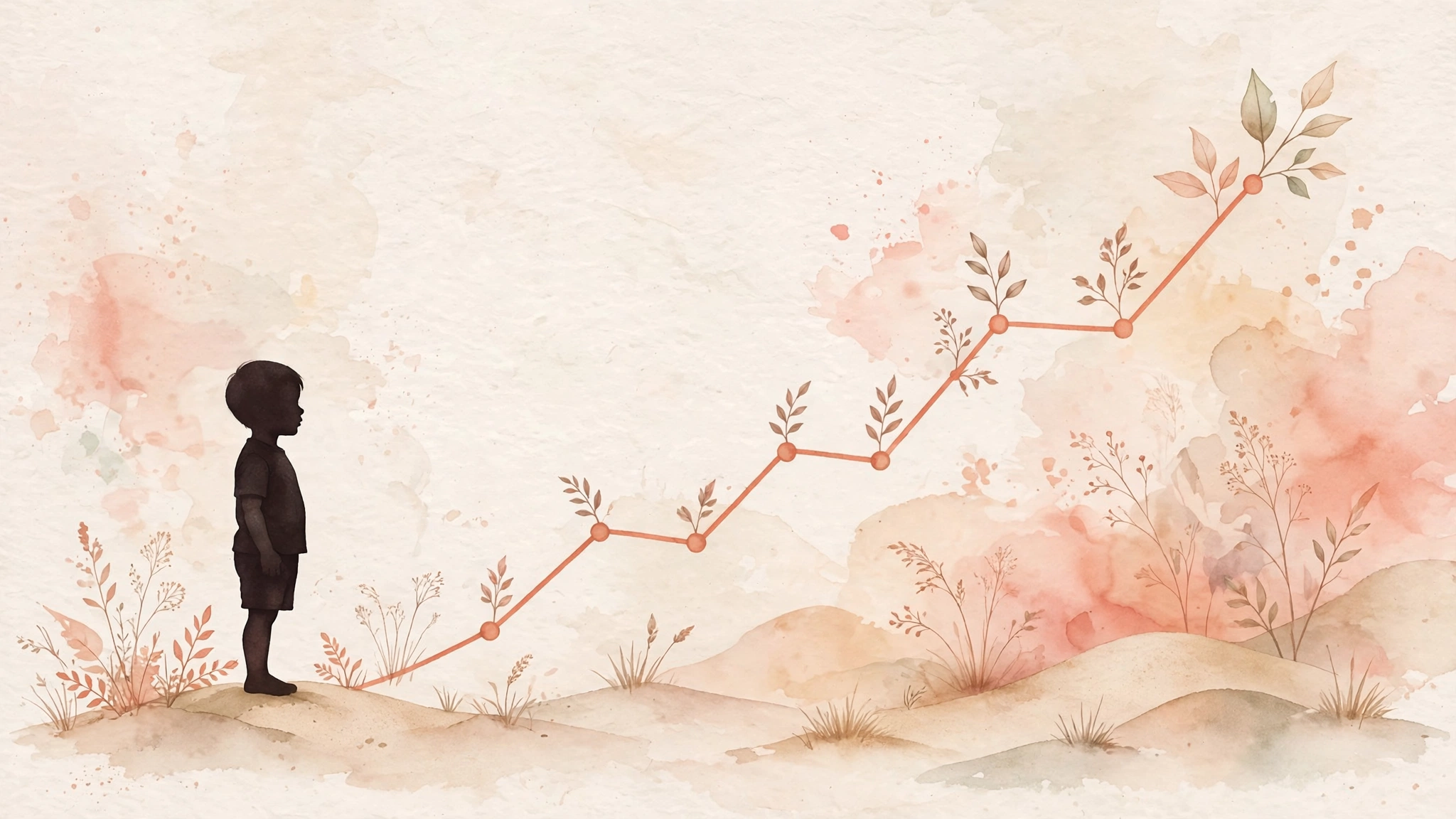 Child silhouette beside a rising growth chart in coral and sand