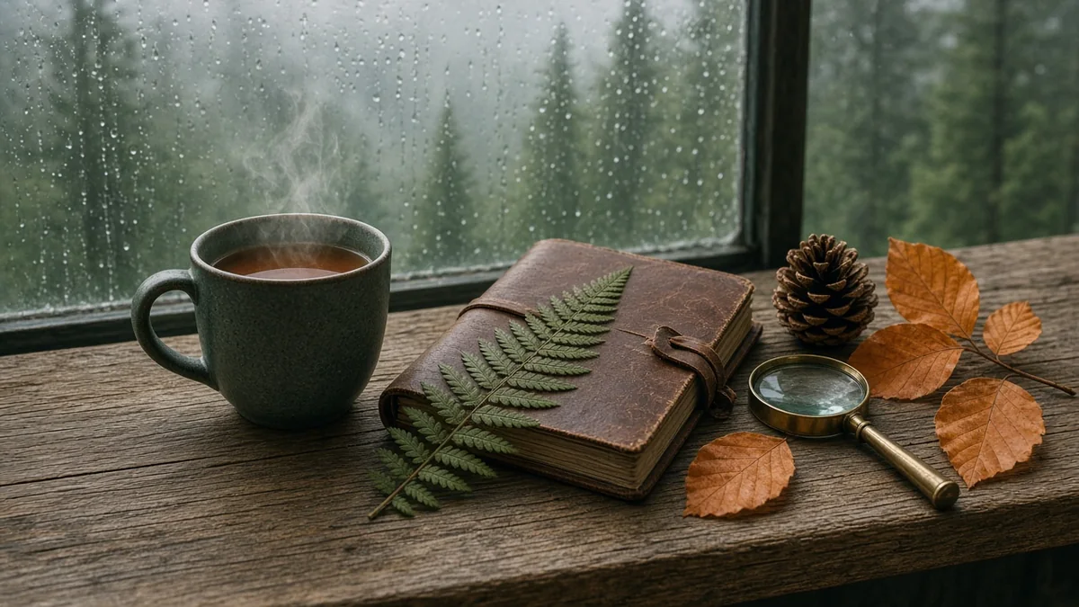 Tea and a field notebook by a forest window A stoneware mug of tea, a leather field notebook with a fern, a pinecone and a magnifying glass on a windowsill facing a misty forest