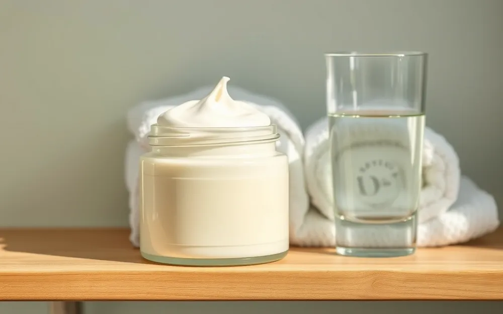 A jar of moisturiser cream, a folded towel and a glass of water on a wooden shelf