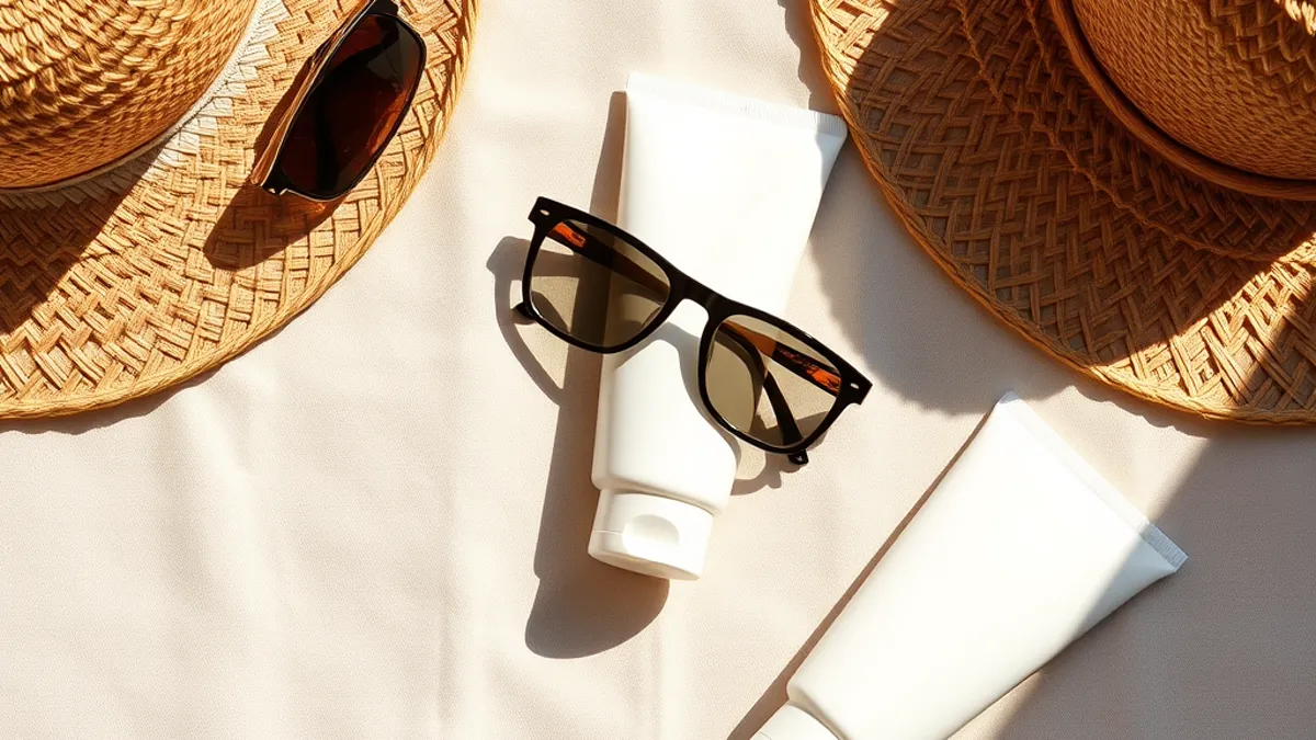 Two straw sun hats, sunglasses and plain sunscreen tubes on pale linen in bright sunlight