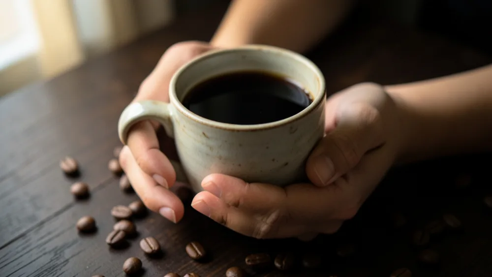 Hands cradle a ceramic cup of black coffee on a dark wooden table scattered with roasted beans