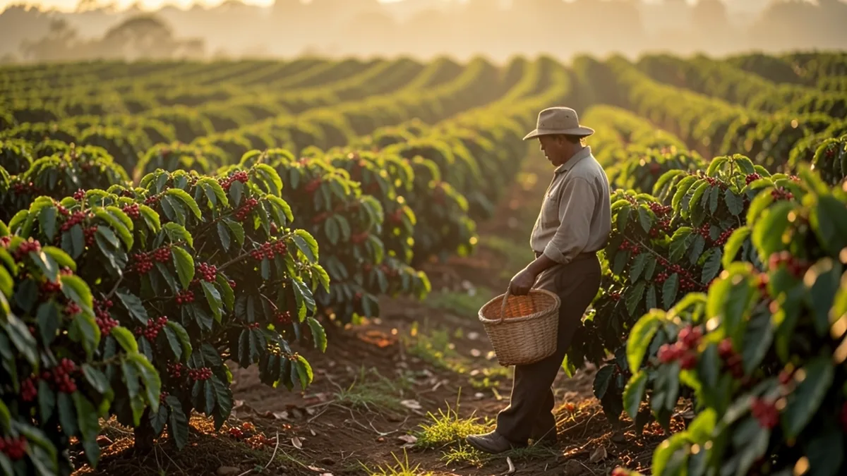 A farmer harvests red coffee cherries into a woven basket among farm rows at golden hour