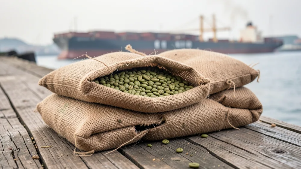 Burlap sacks of green coffee beans stacked on a wooden dock with a cargo ship behind