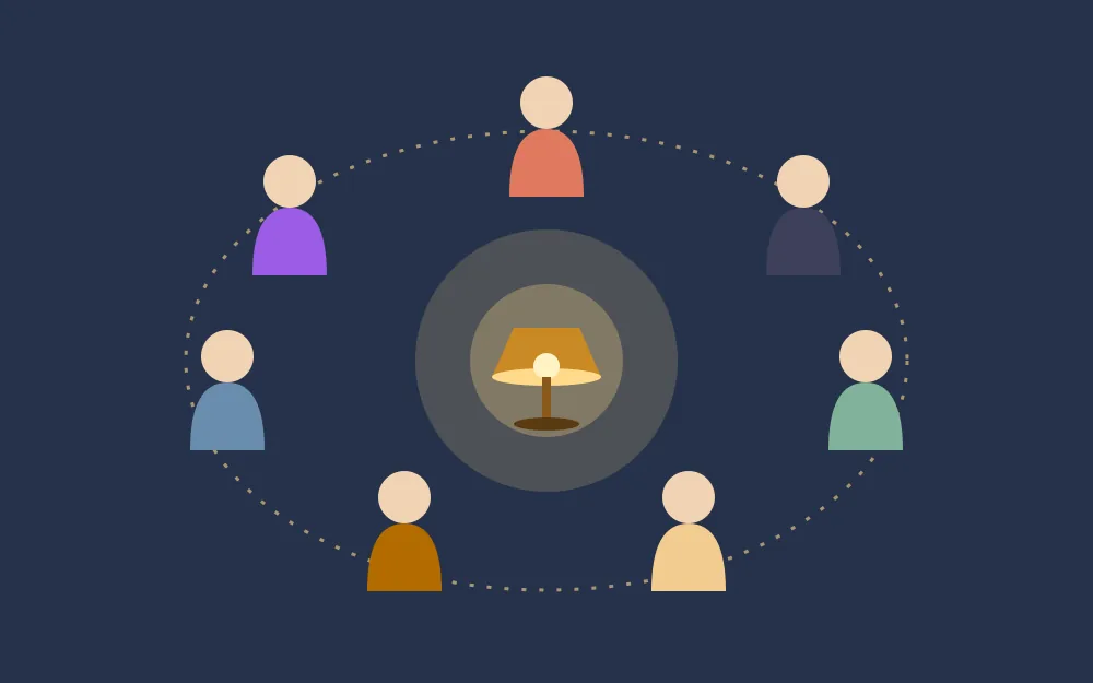 Illustration of seven people standing in a circle around a glowing lamp, symbolising a community protecting its shared knowledge