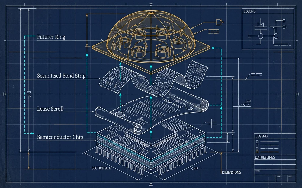 Blueprint exploded diagram of chip, lease, bond strip and futures layers stacked and linked by dashed lines