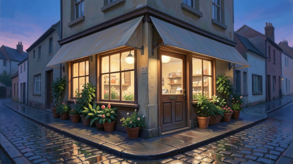 Painting of a small corner bakery glowing with warm light at dawn on a wet cobblestone street lined with potted plants