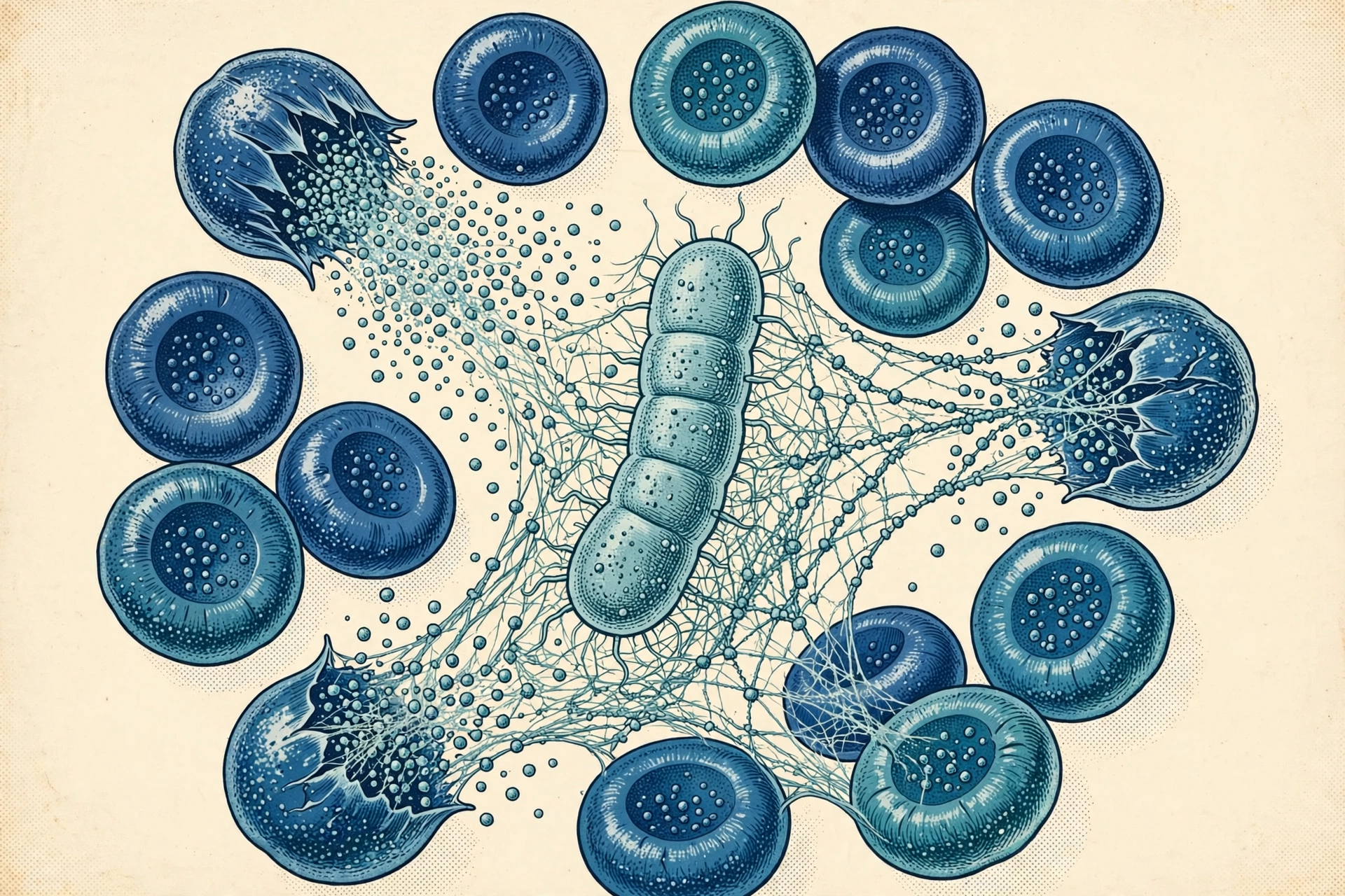 Illustration of horseshoe crab amebocyte blood cells clotting around a bacterium