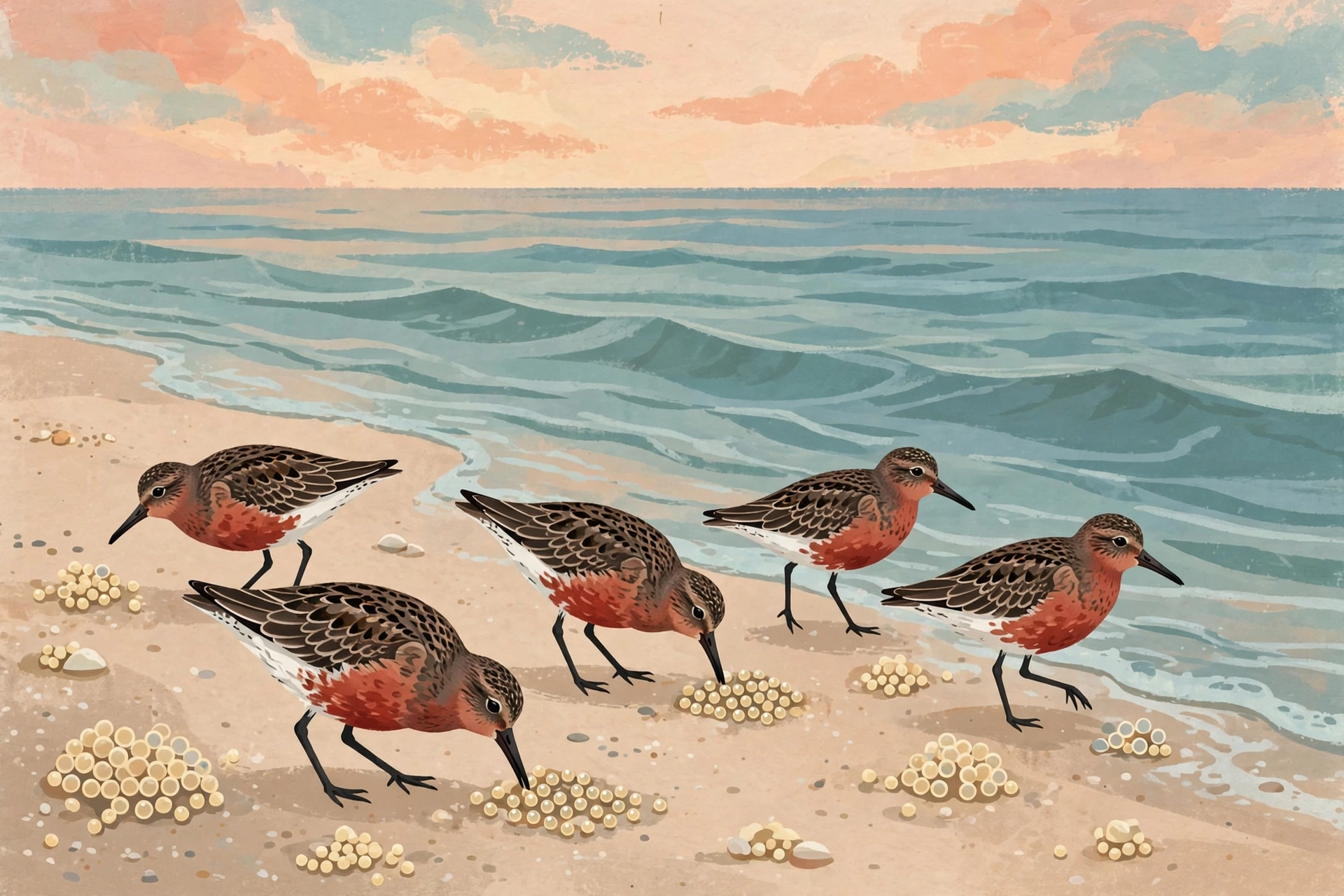 Illustration of red knot shorebirds feeding on horseshoe crab eggs on a beach at dawn