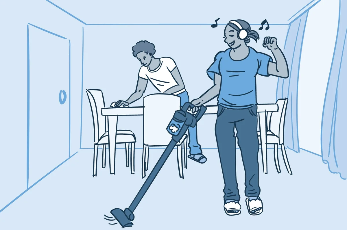 Illustration of a woman vacuuming with headphones on while a man wipes a table in a bright living room
