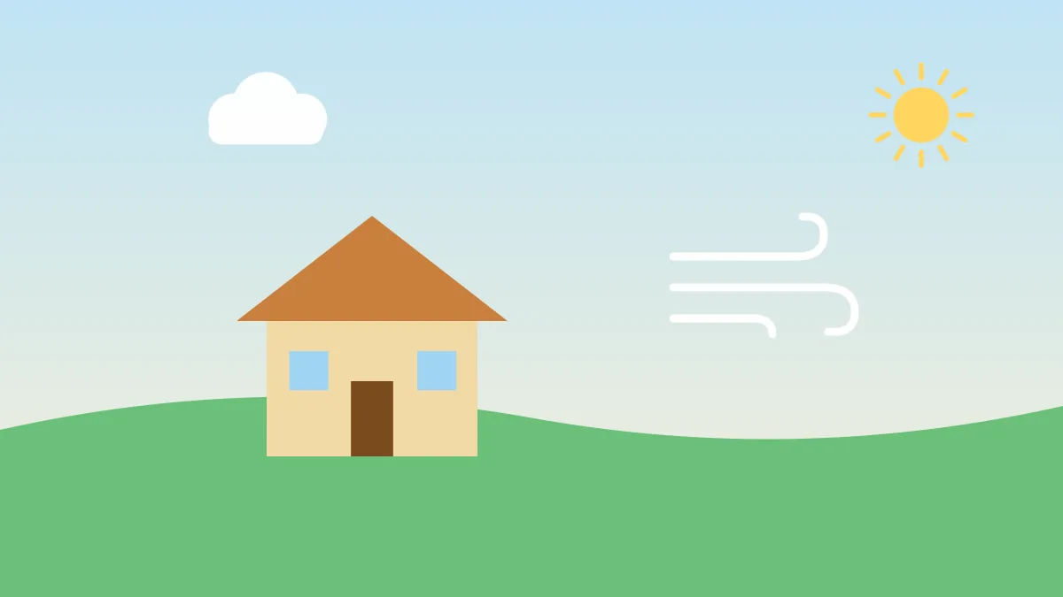 Illustration of a small house with fresh air blowing through it under a sunny sky