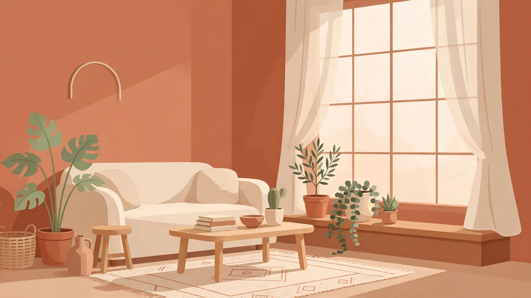 Cozy minimal home interior illustration in terracotta and cream