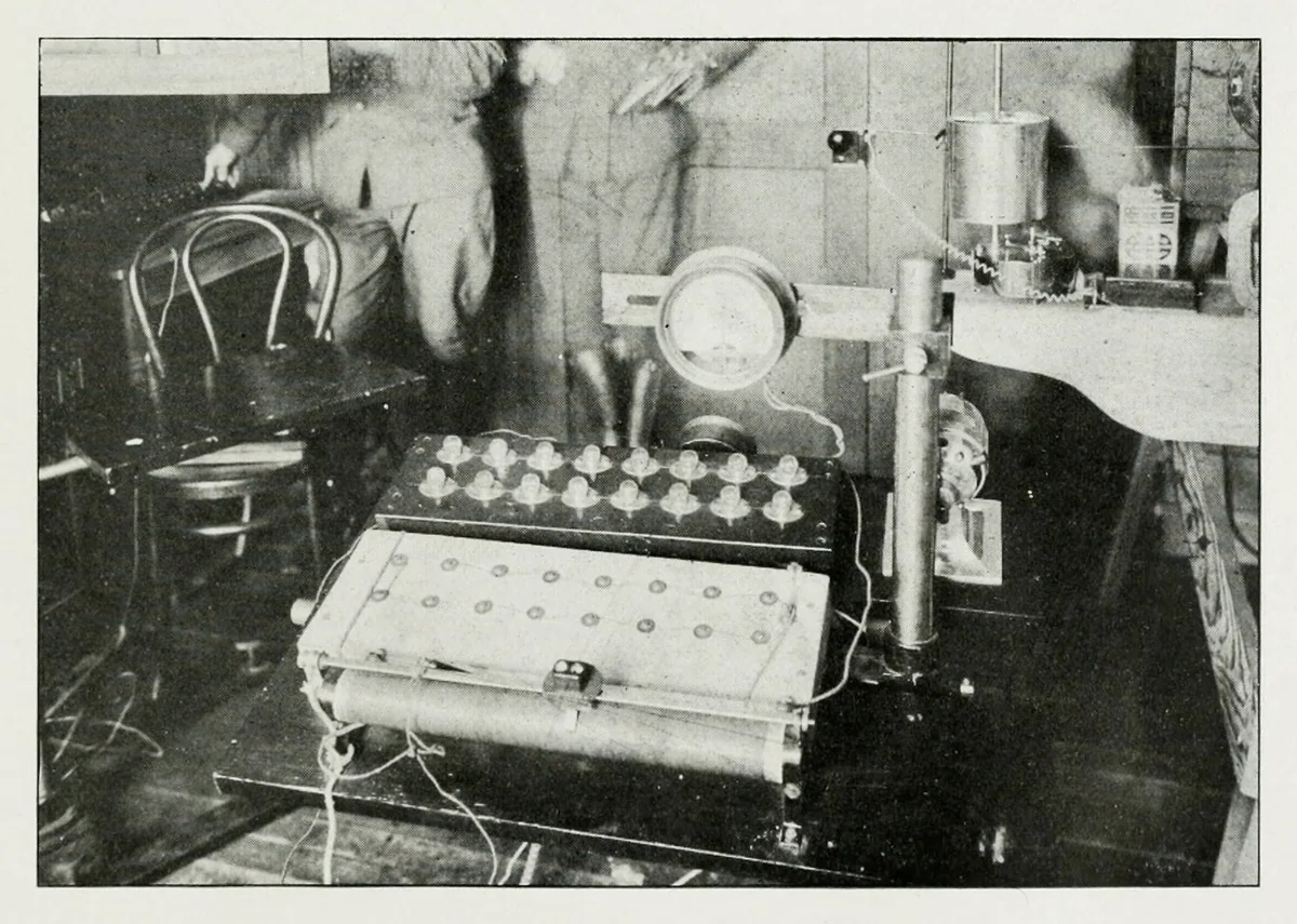Photograph of an early pursuit test apparatus with a lighted panel and switches used to study aviators’ attention in 1919