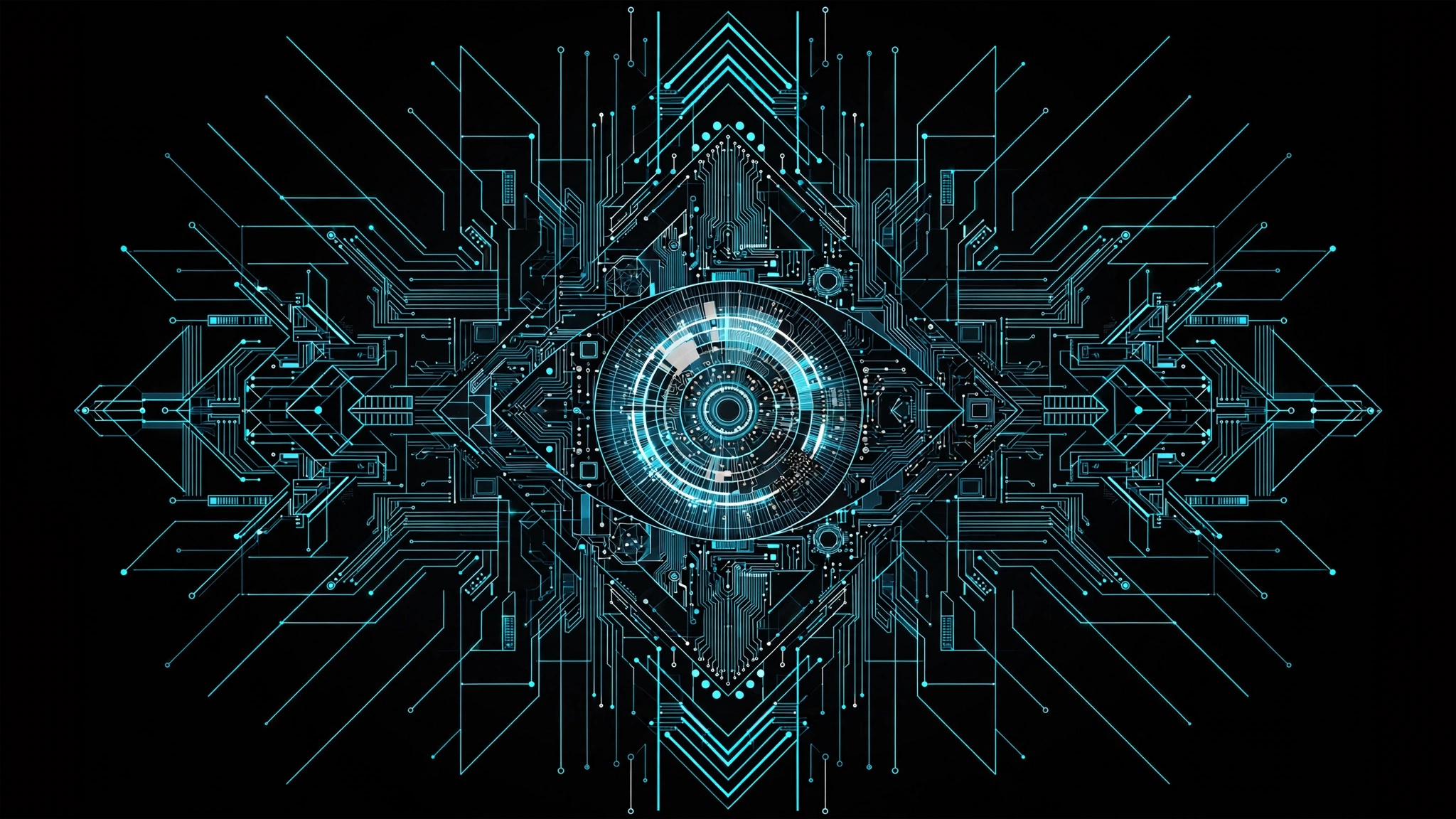 Abstract circuit-board eye motif in cyan on black