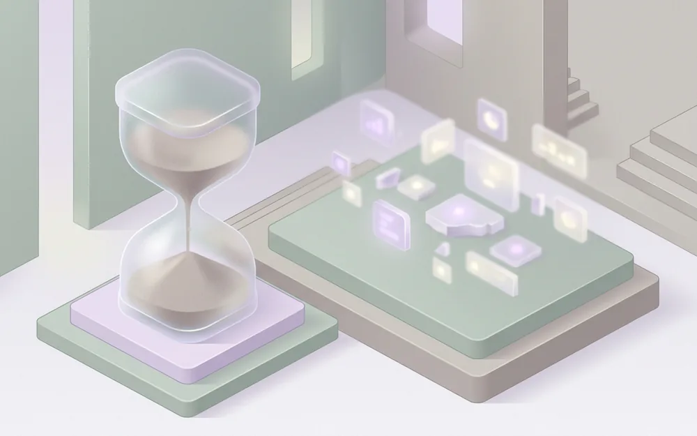 Pastel isometric hourglass beside floating blurred metric tiles suggesting delayed executive data